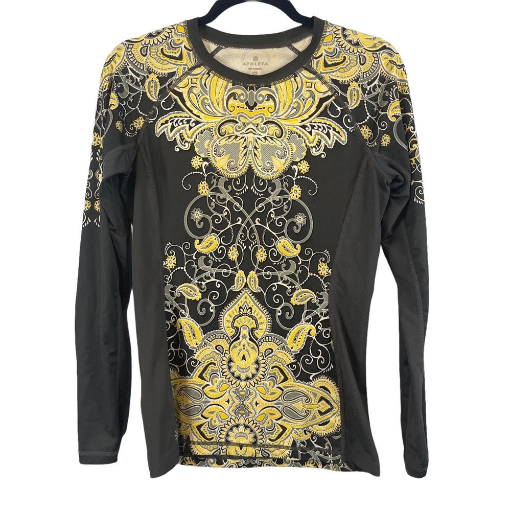 Athleta Womens Grey Yellow Paisley Long Sleeve Activewear Top Size XS sport